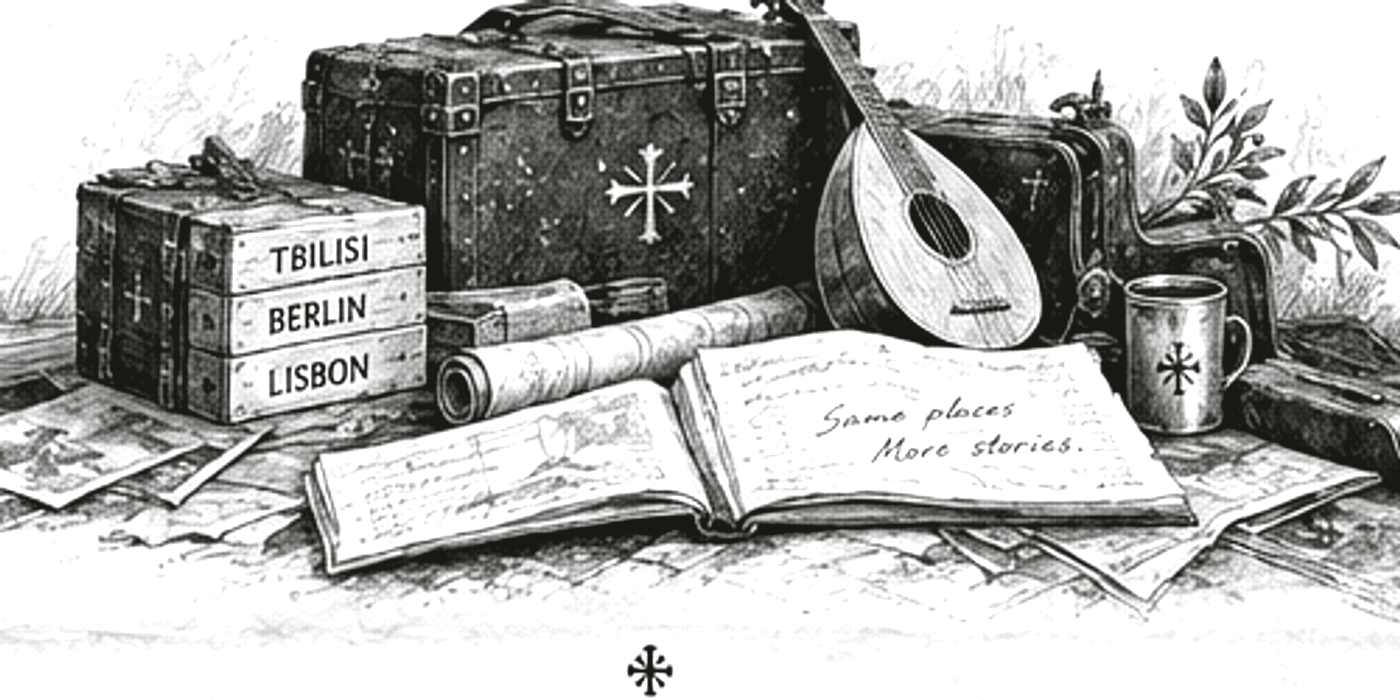 Travel cases labelled Tbilisi, Berlin and Lisbon, a lute, a cup and an open journal.