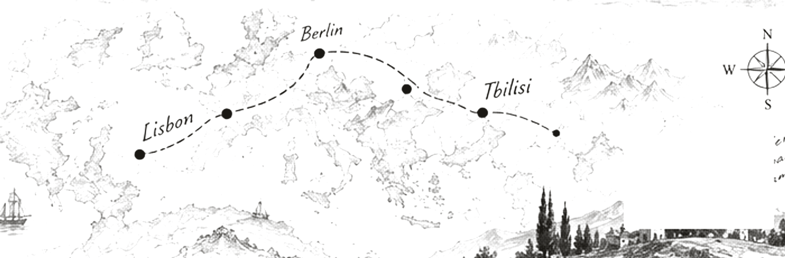 A hand-drawn route across a map, from Lisbon through Berlin to Tbilisi, with a compass rose.