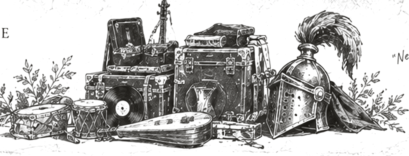A drum, records, a lute, a helmet with a feather and travel cases, drawn in ink.