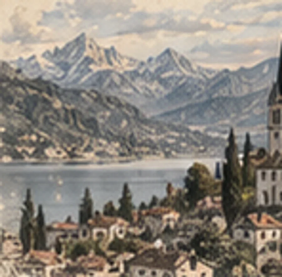 A lakeside town with a church spire below mountains, in color.