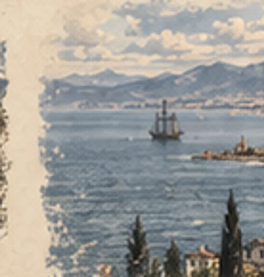A coastal town above the sea with a sailing ship, in color.