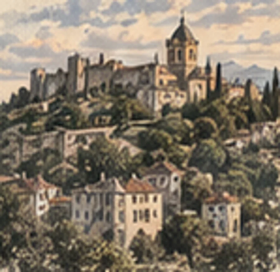 A hillside town with a fortress and a church, in color.